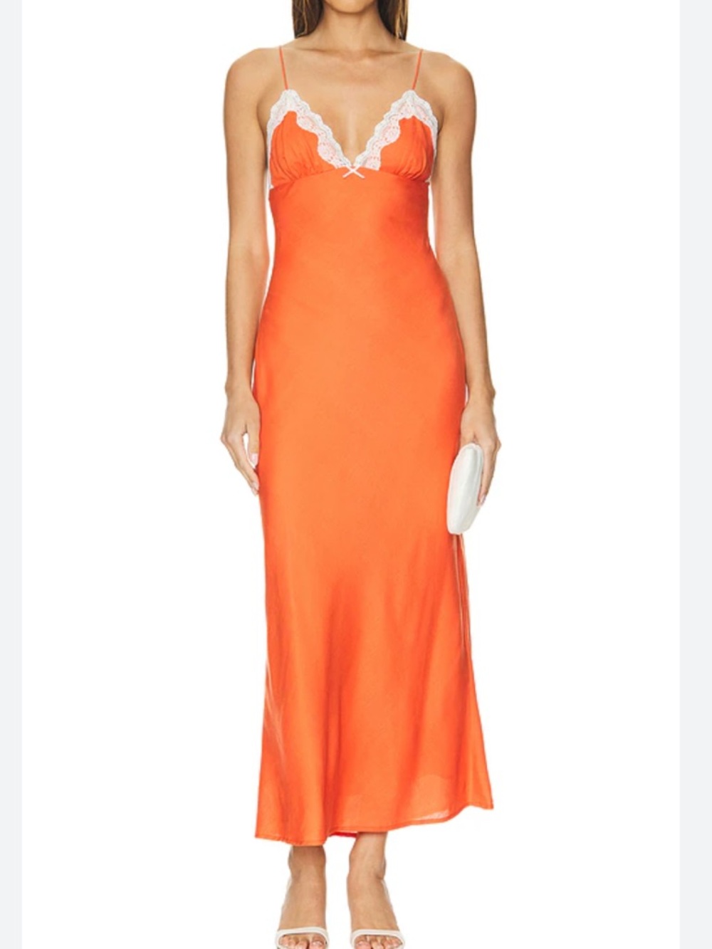 REVOLVE NIA Jasmine Slip Dress in Tigerlily Orange with White Lace Trim